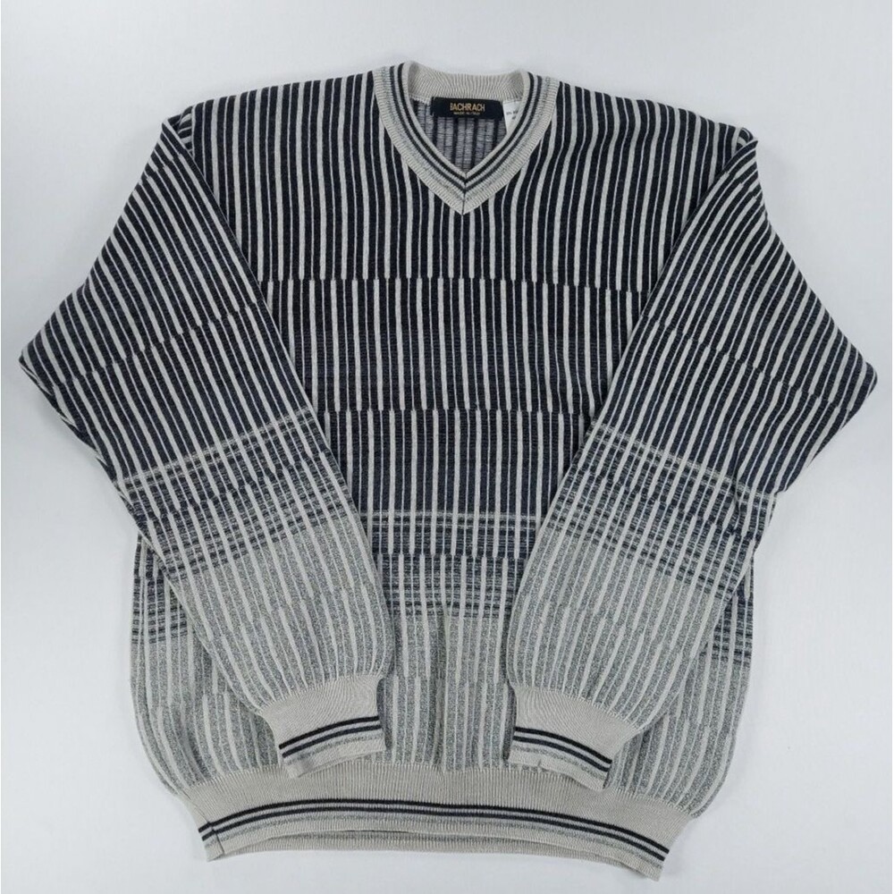 Vtg Bachrach 90s Sweater Mens Lg Black Gray Striped Knit Coogi Style Italy Crew